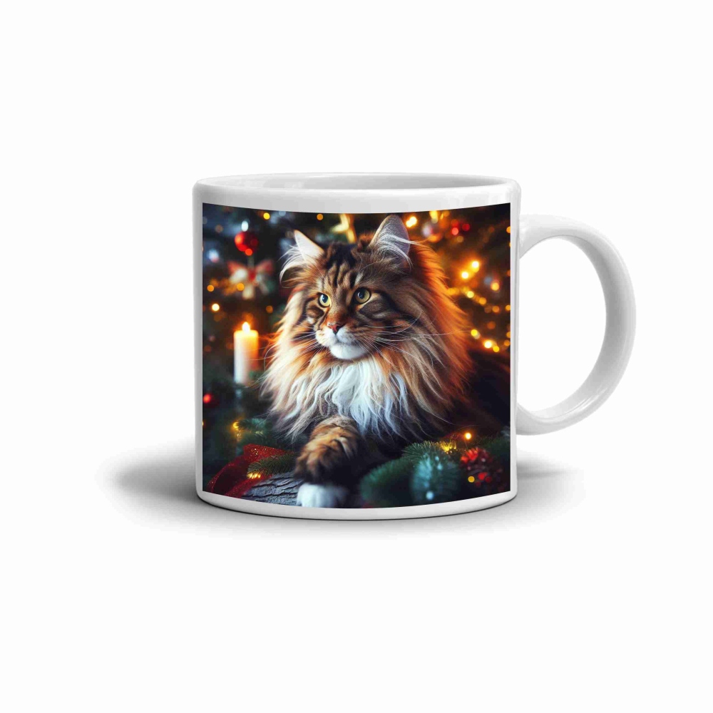 Biely keramický hrnček 330ml s obrázkom - vianočná mainská mývalia mačka