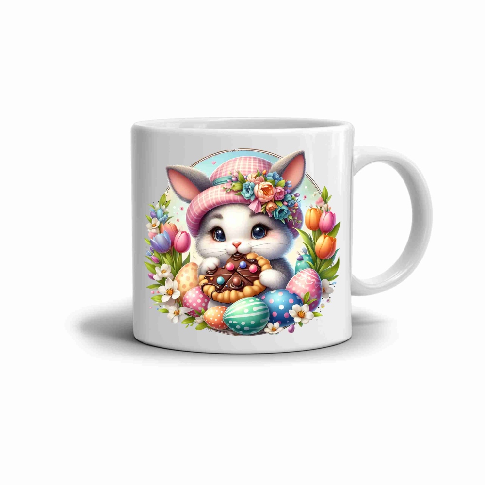 Biely keramický hrnček 330ml s obrázkom - veľkonočný zajačik