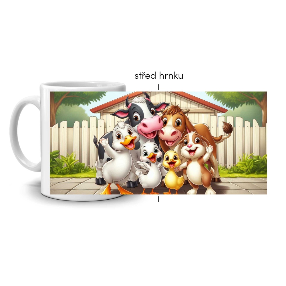 Biely keramický hrnček 330ml s obrázkom - veselý dvorček