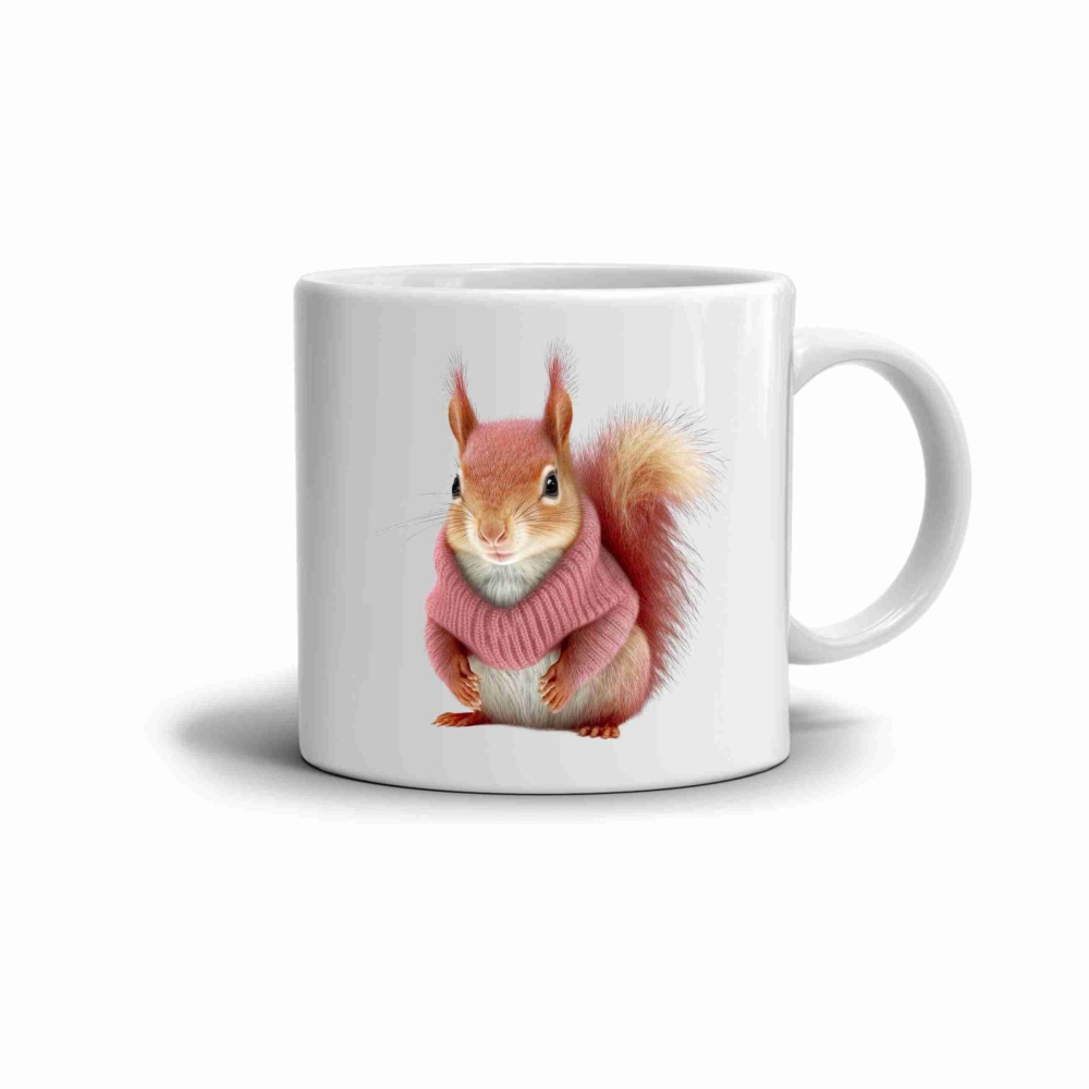 Biely keramický hrnček 330ml s obrázkom - veverička vo svetri