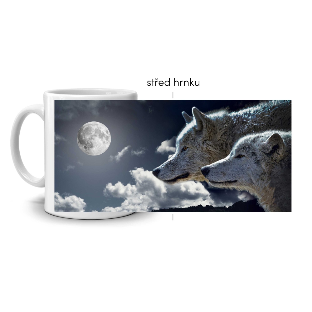 Biely keramický hrnček 330ml s obrázkom - vlčí spln
