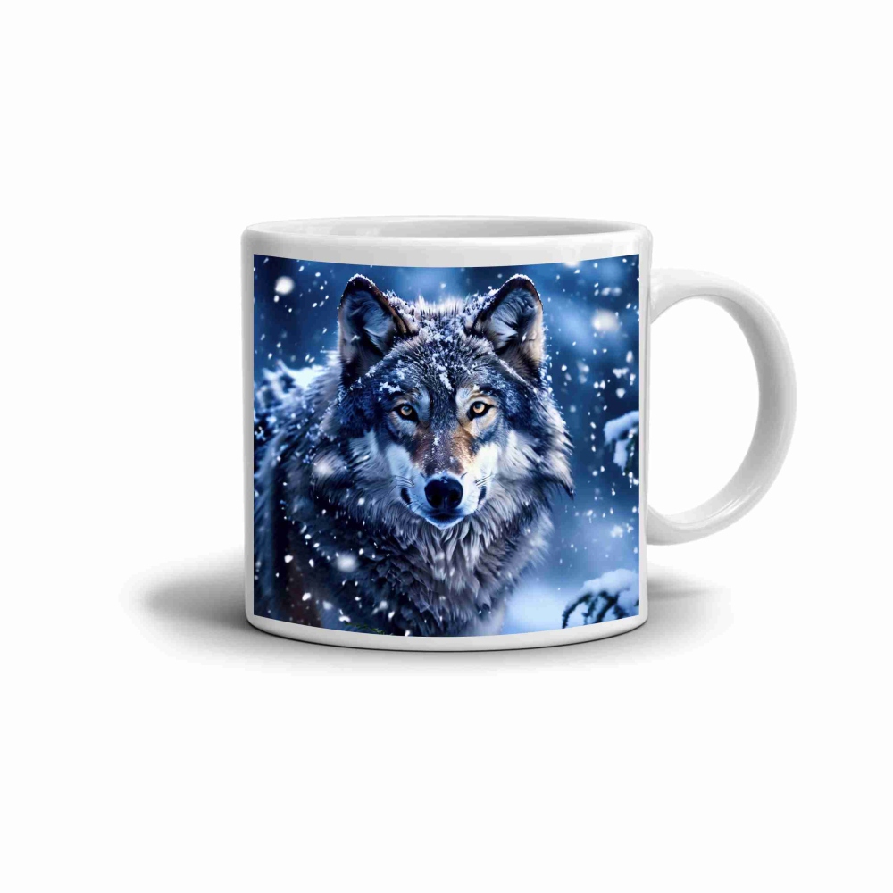 Biely keramický hrnček 330ml s obrázkom - vlk v zime