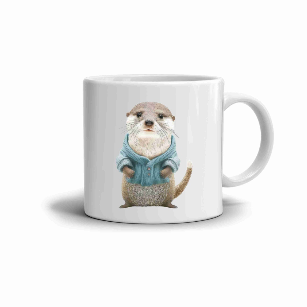 Biely keramický hrnček 330ml s obrázkom - vydra vo svetri