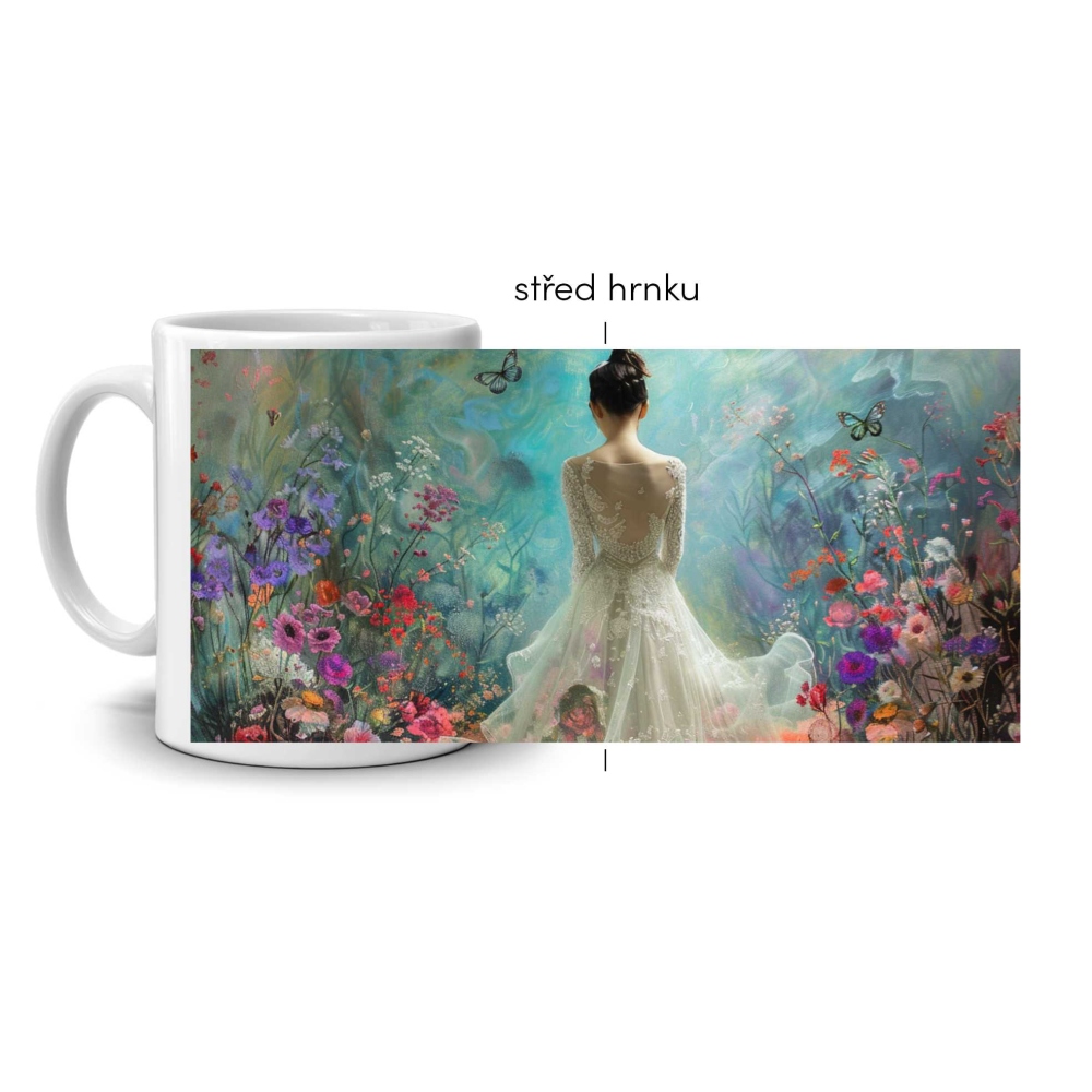 Biely keramický hrnček 330ml s obrázkom - záhrada snov