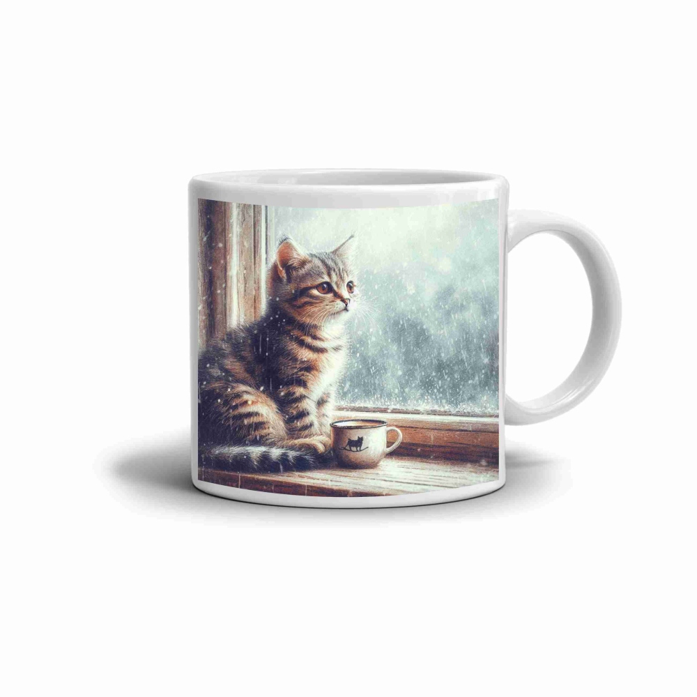 Biely keramický hrnček 330ml s obrázkom - zimné chvíle mačiatka