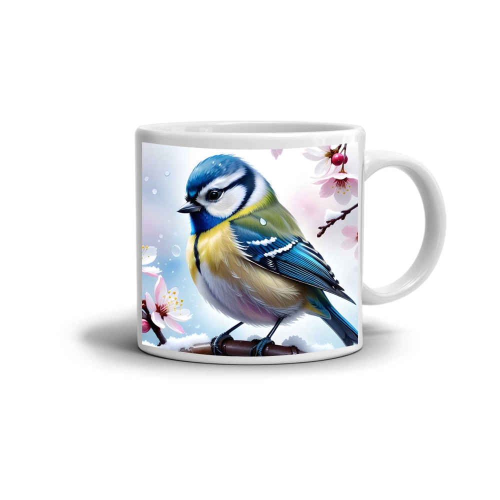 Biely keramický hrnček 330ml s obrázkom - zimný vtáčik