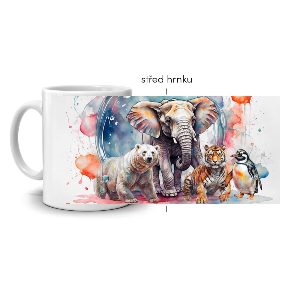 Biely keramický hrnček 330ml s obrázkom - zvieratá v akvareli