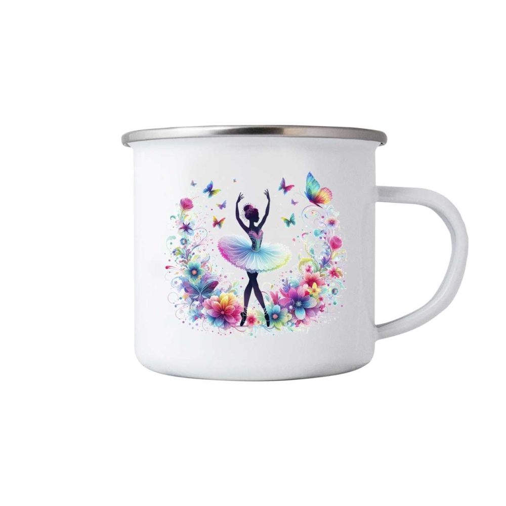 Biely plechový hrnček 380ml s obrázkom - baletka v kvetoch