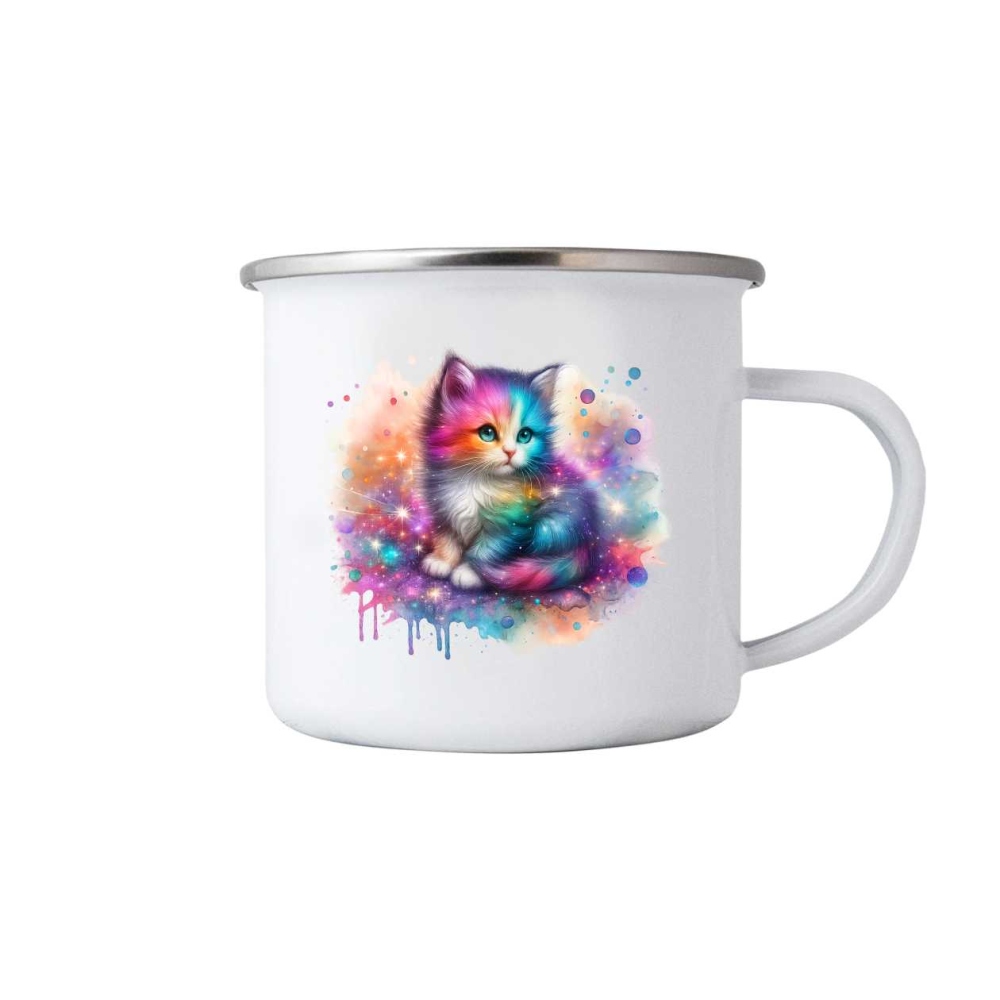 Biely plechový hrnček 380ml s obrázkom - farebné mačiatko