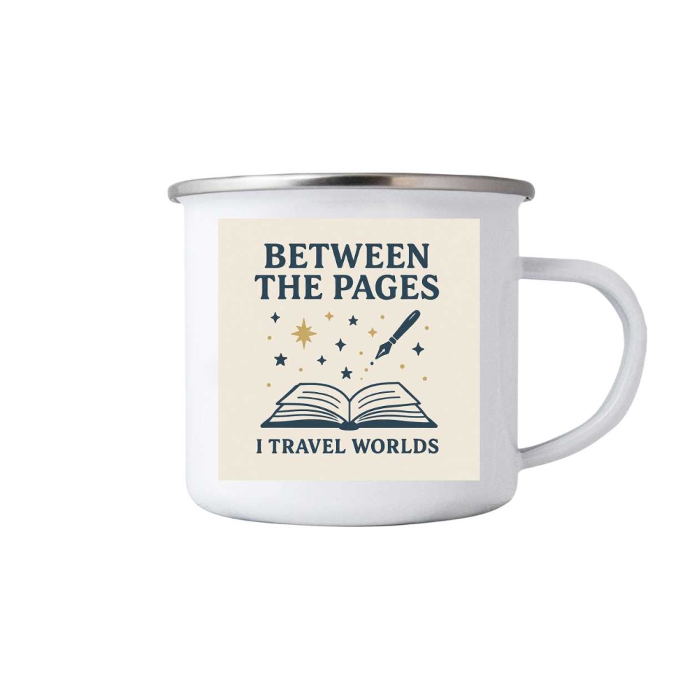 Biely plechový hrnček 380ml s obrázkom - between the pages