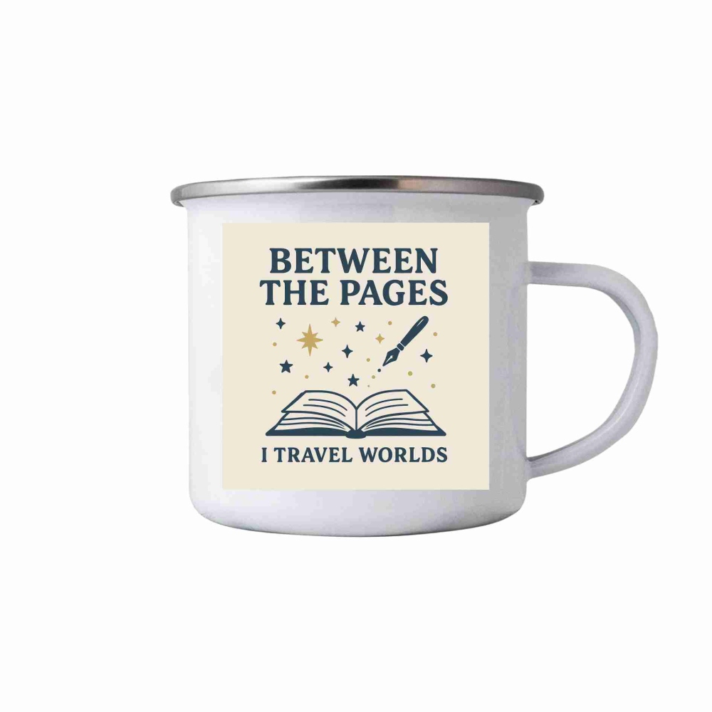 Biely plechový hrnček 380ml s obrázkom - between the pages