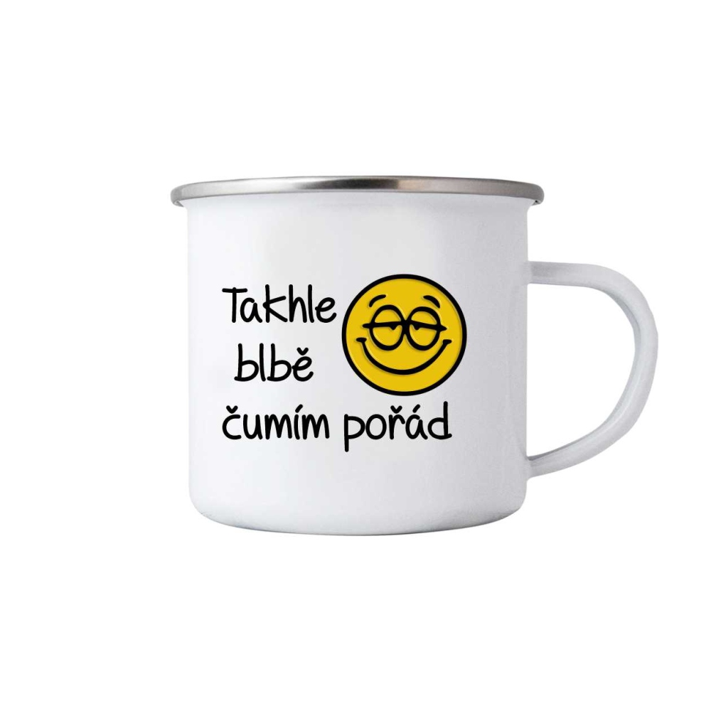 Biely plechový hrnček 380ml s obrázkom - blbo čumím