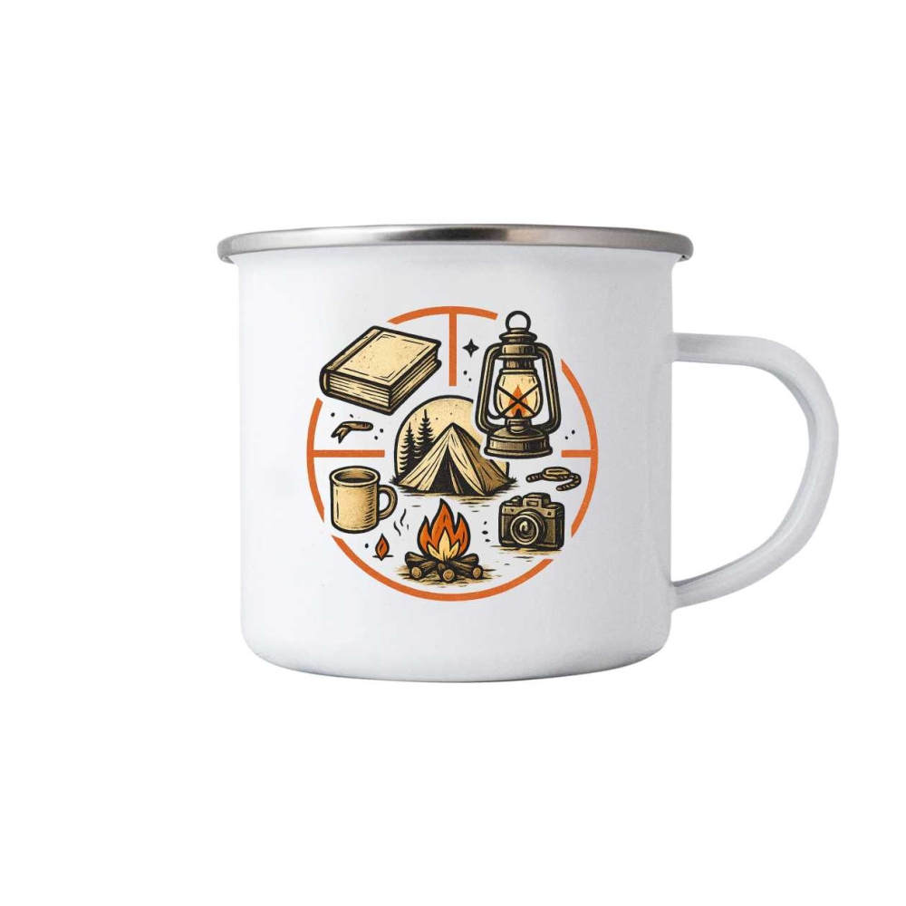 Biely plechový hrnček 380ml s obrázkom - camping kruh
