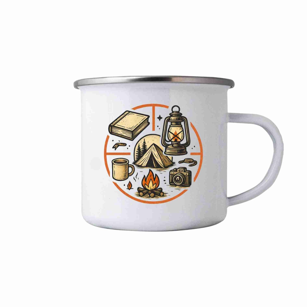 Biely plechový hrnček 380ml s obrázkom - camping kruh