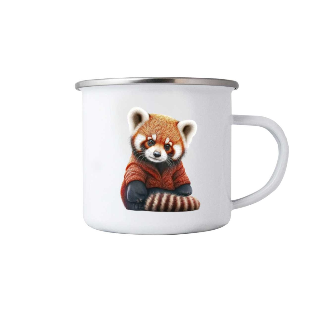 Biely plechový hrnček 380ml s obrázkom - červená panda vo svetri