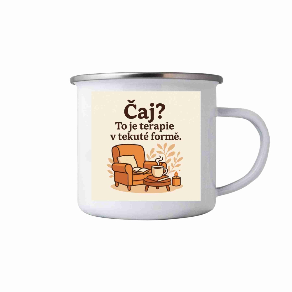 Biely plechový hrnček 380ml s obrázkom - citát čaj je terapia