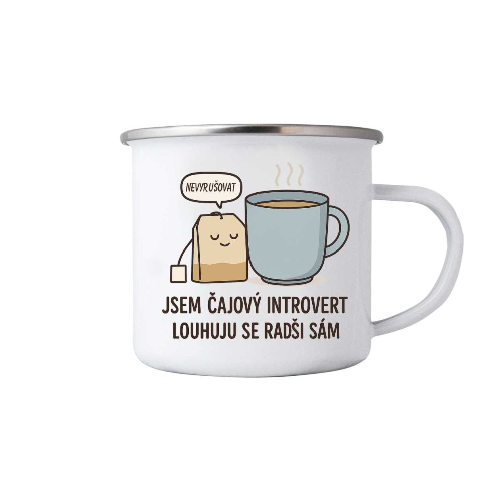 Biely plechový hrnček 380ml s obrázkom - citát čajový introvert