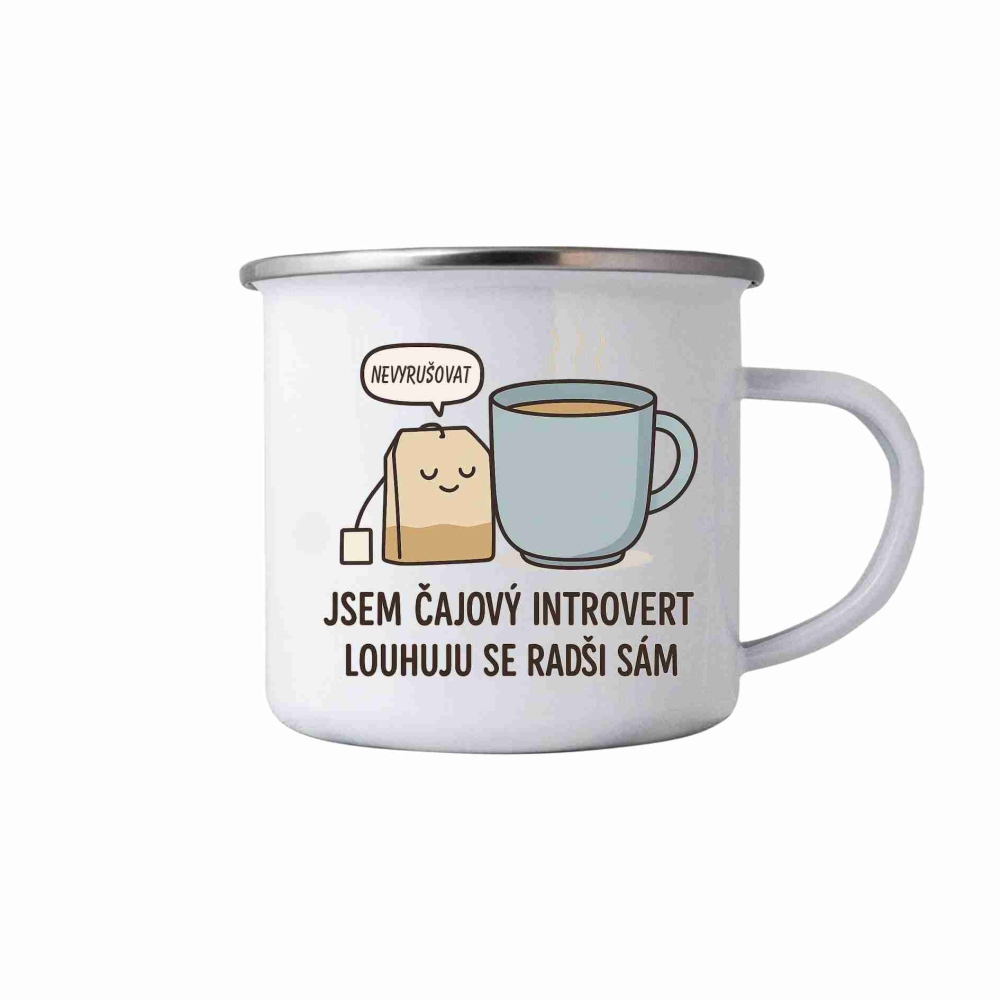 Biely plechový hrnček 380ml s obrázkom - citát čajový introvert