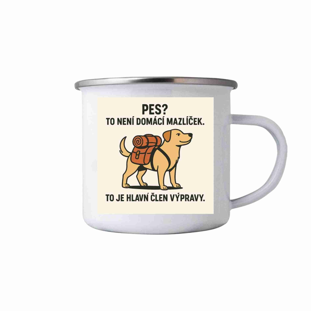 Biely plechový hrnček 380ml s obrázkom - citát hlavný člen výpravy