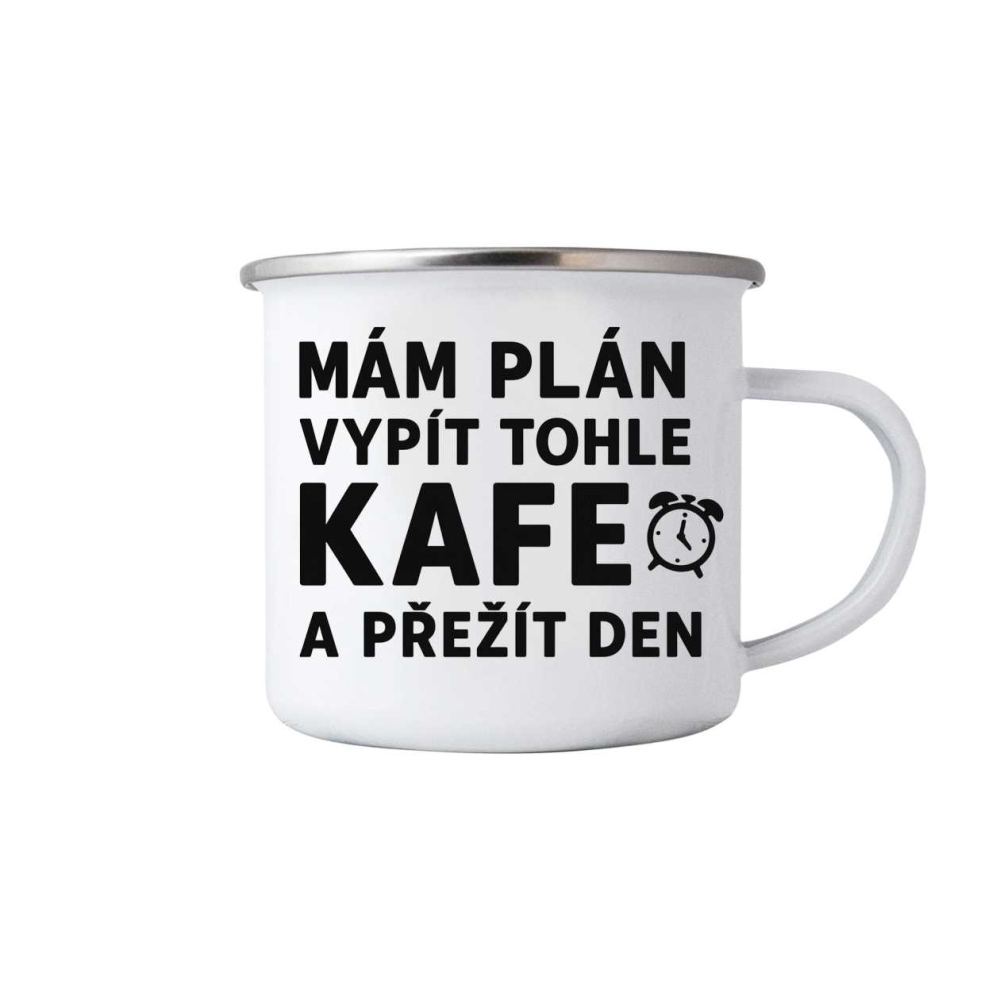 Biely plechový hrnček 380ml s obrázkom - citát kafe 1