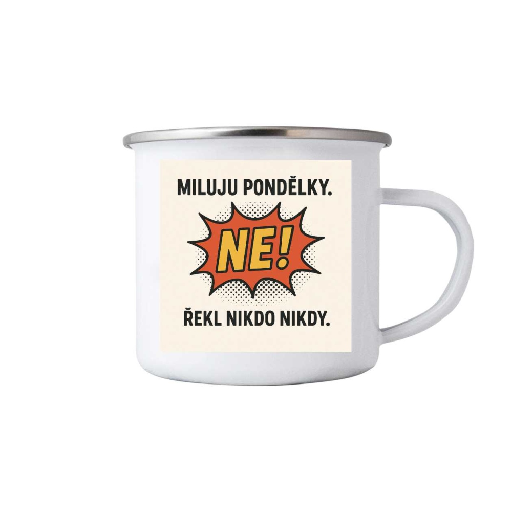 Biely plechový hrnček 380ml s obrázkom - citát milujem pondelky