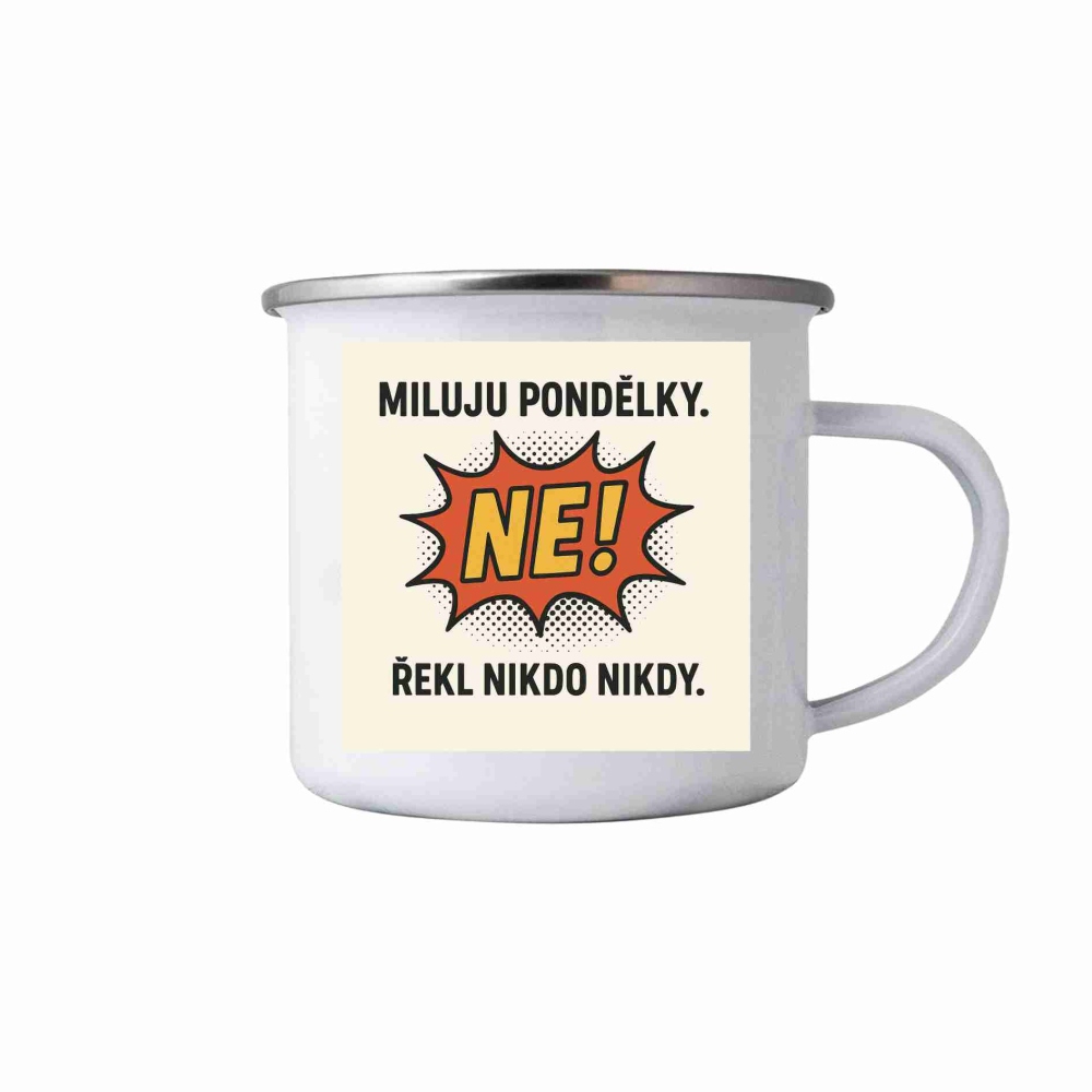 Biely plechový hrnček 380ml s obrázkom - citát milujem pondelky