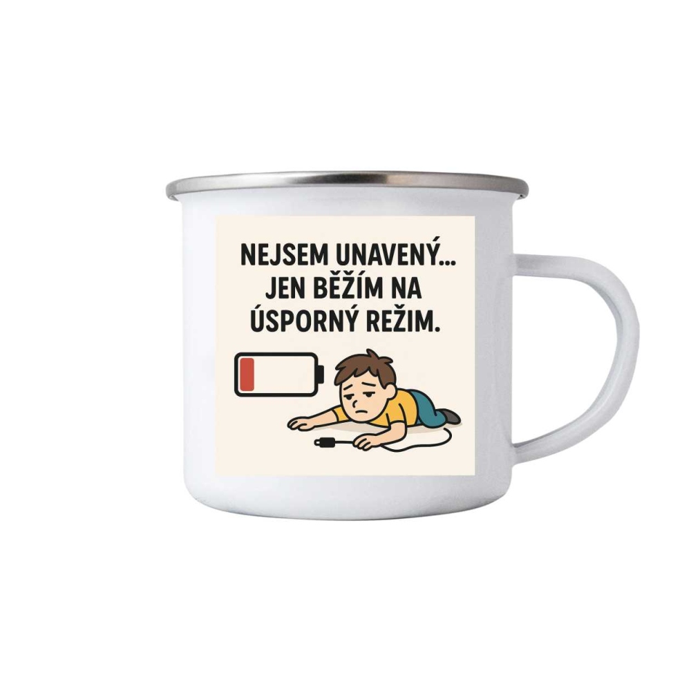 Biely plechový hrnček 380ml s obrázkom - citát nie som unavený