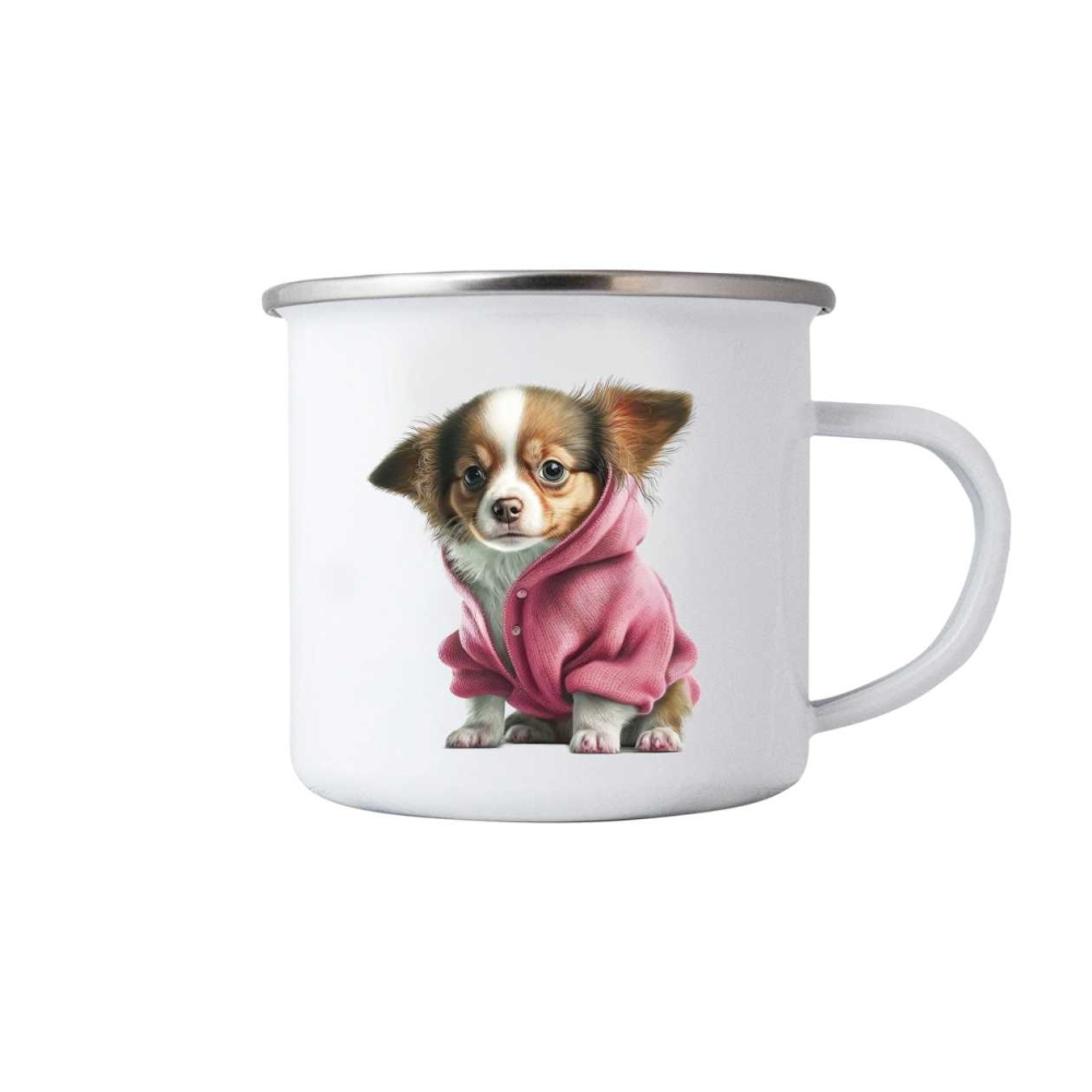 Biely plechový hrnček 380ml s obrázkom - čivava v mikine