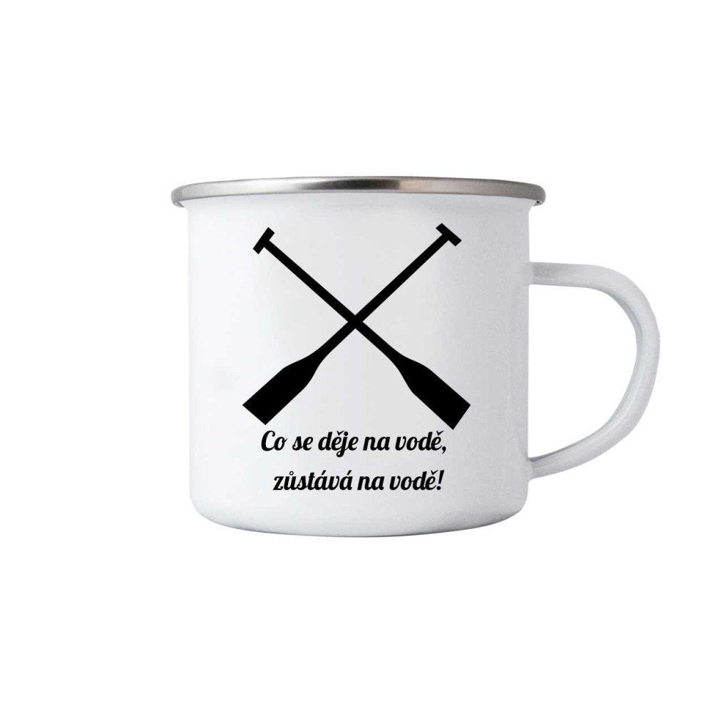 Biely plechový hrnček 380ml s obrázkom - čo sa deje na vode