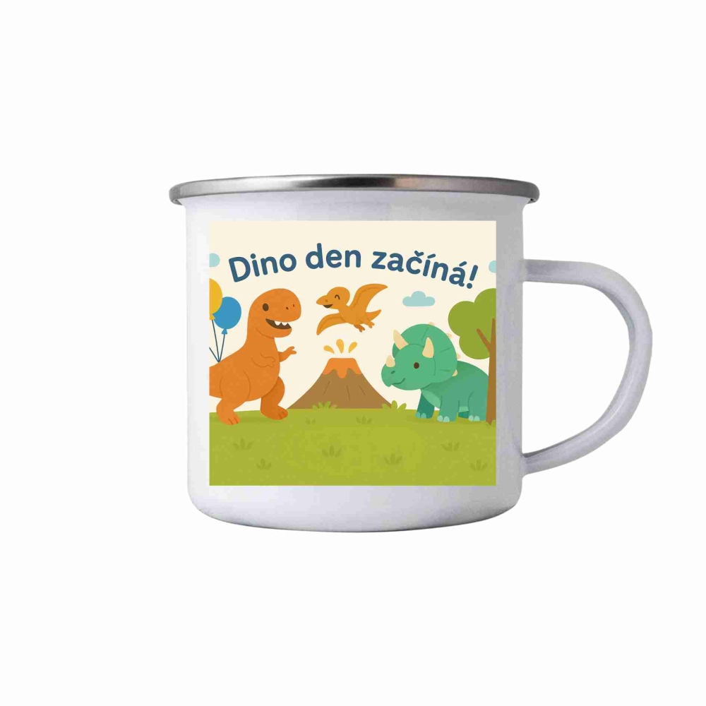 Biely plechový hrnček 380ml s obrázkom - dino deň