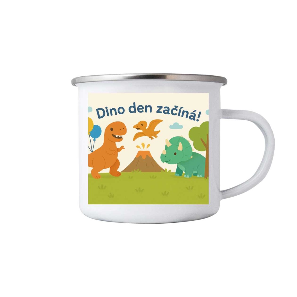 Biely plechový hrnček 380ml s obrázkom - dino deň