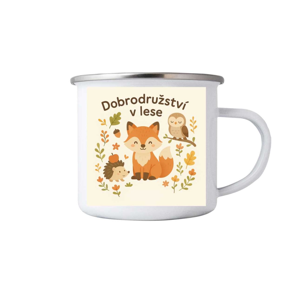 Biely plechový hrnček 380ml s obrázkom - dobrodružstvo v lese