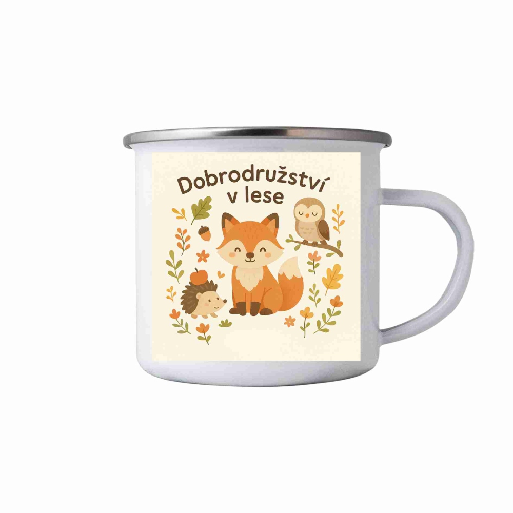 Biely plechový hrnček 380ml s obrázkom - dobrodružstvo v lese