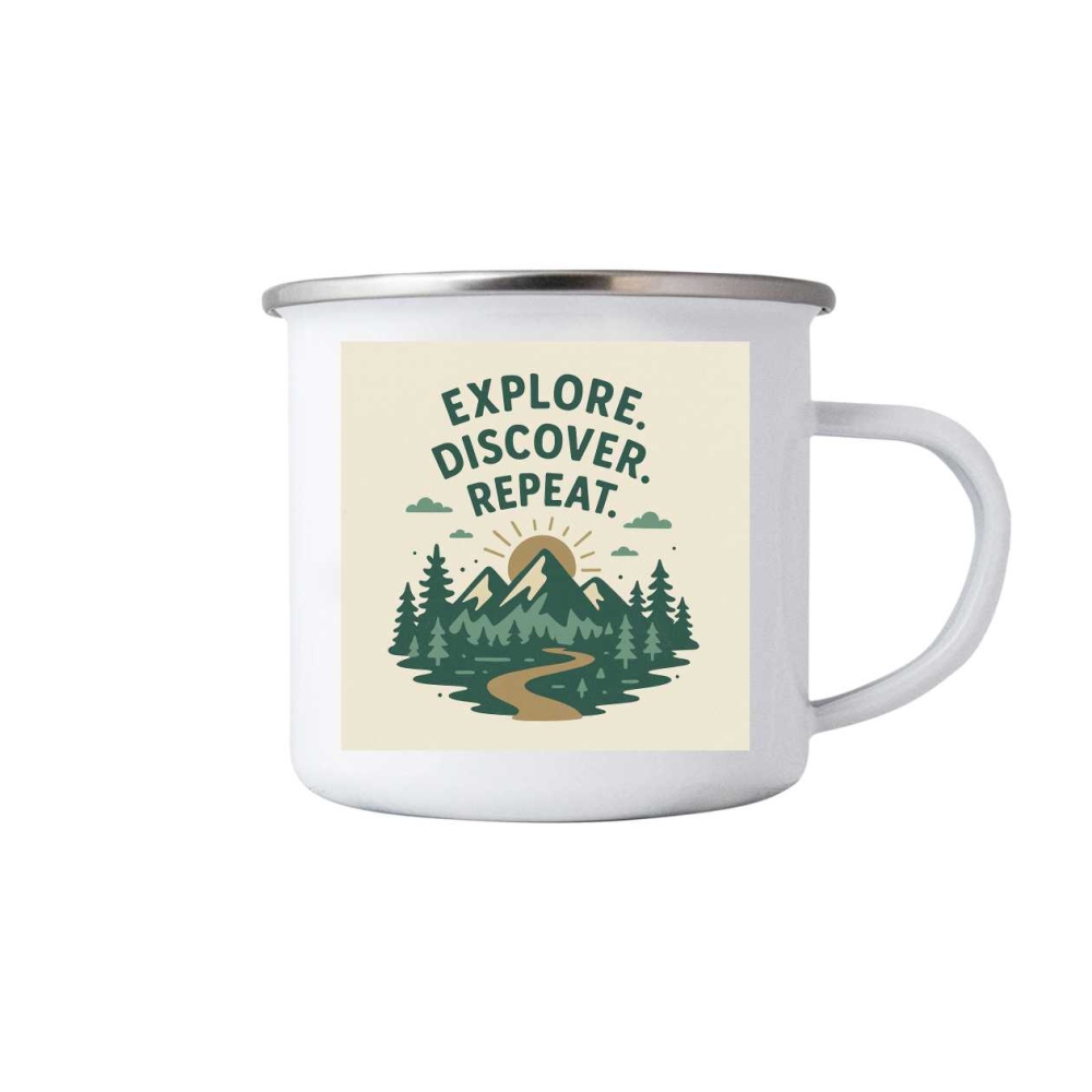 Biely plechový hrnček 380ml s obrázkom - explore repeat