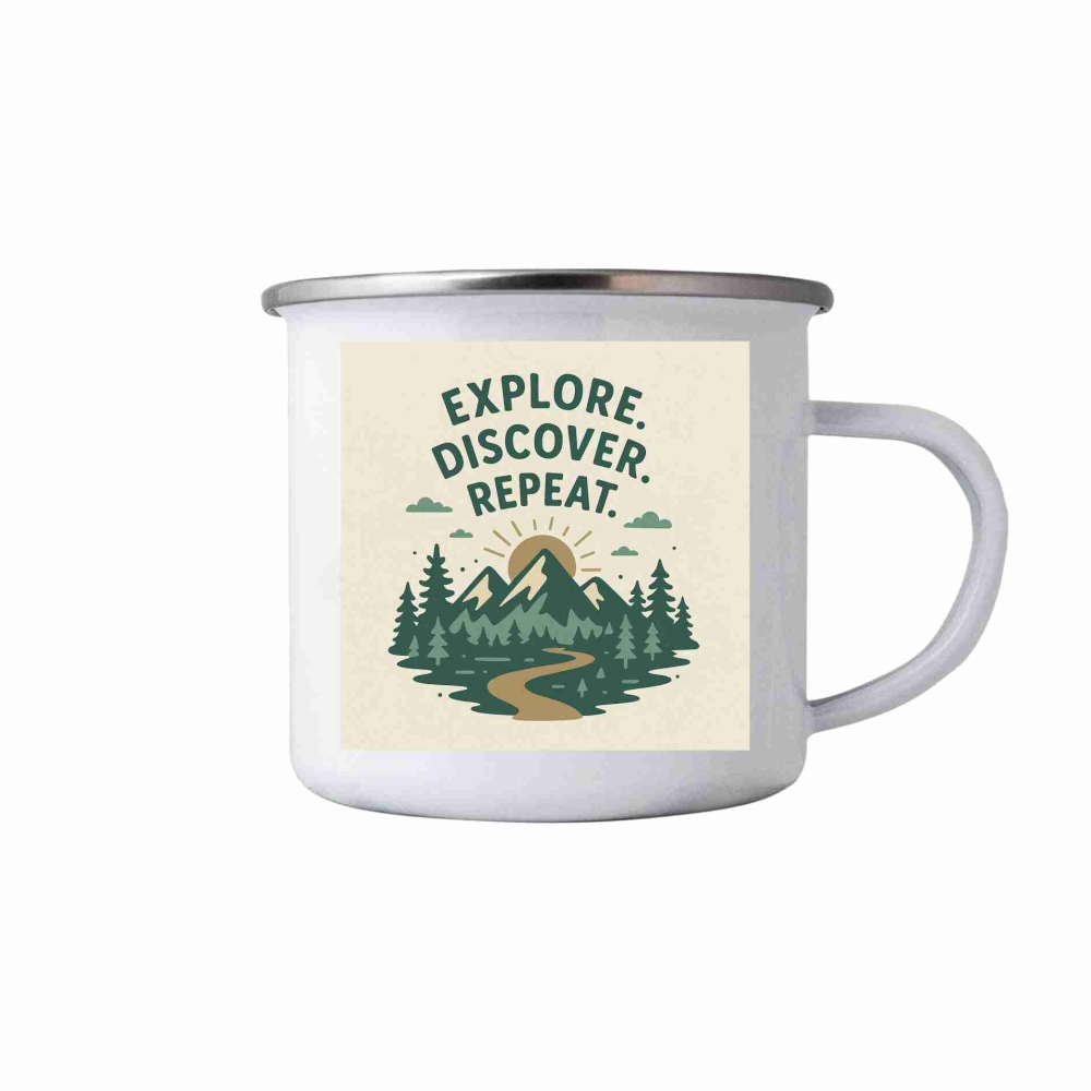 Biely plechový hrnček 380ml s obrázkom - explore repeat