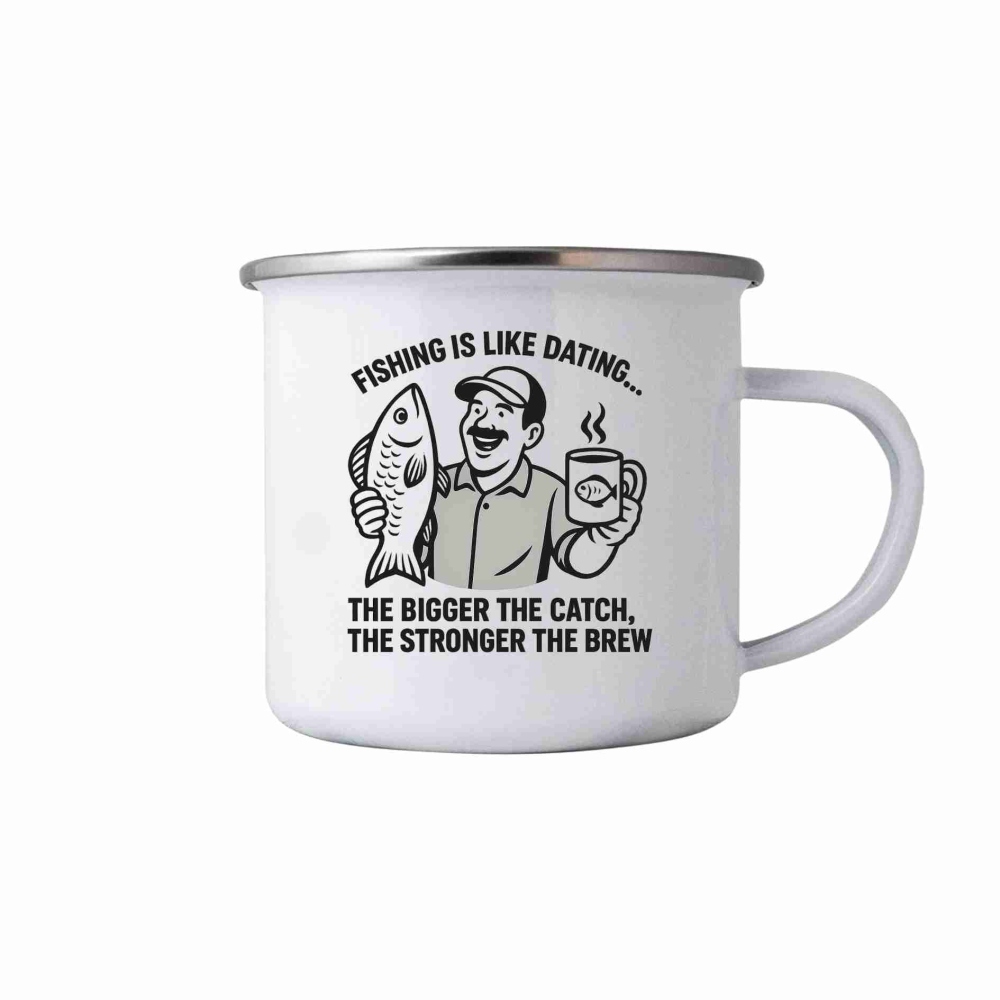 Biely plechový hrnček 380ml s obrázkom - fishing is like dating