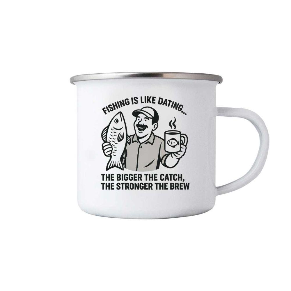 Biely plechový hrnček 380ml s obrázkom - fishing is like dating