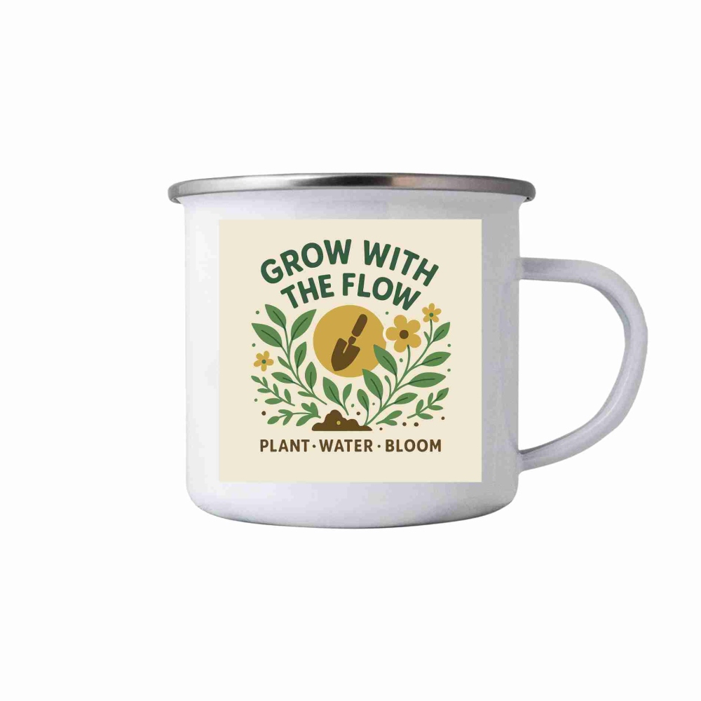 Biely plechový hrnček 380ml s obrázkom - grow with the flow