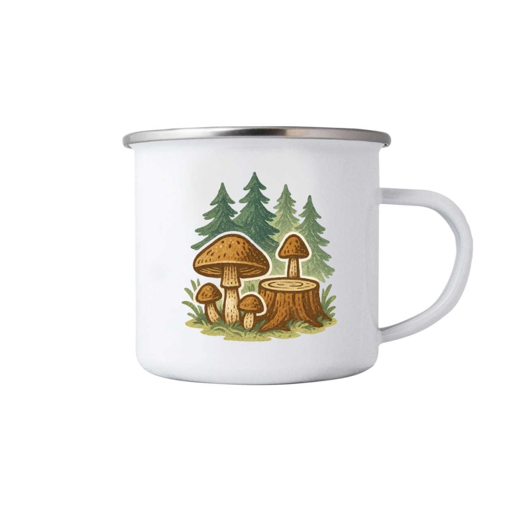 Biely plechový hrnček 380ml s obrázkom - huby v lese