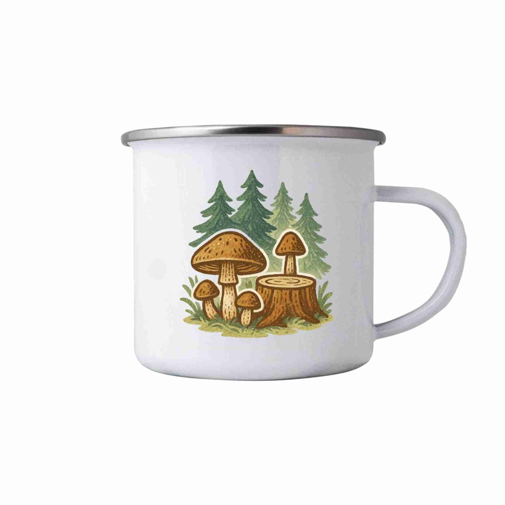 Biely plechový hrnček 380ml s obrázkom - huby v lese