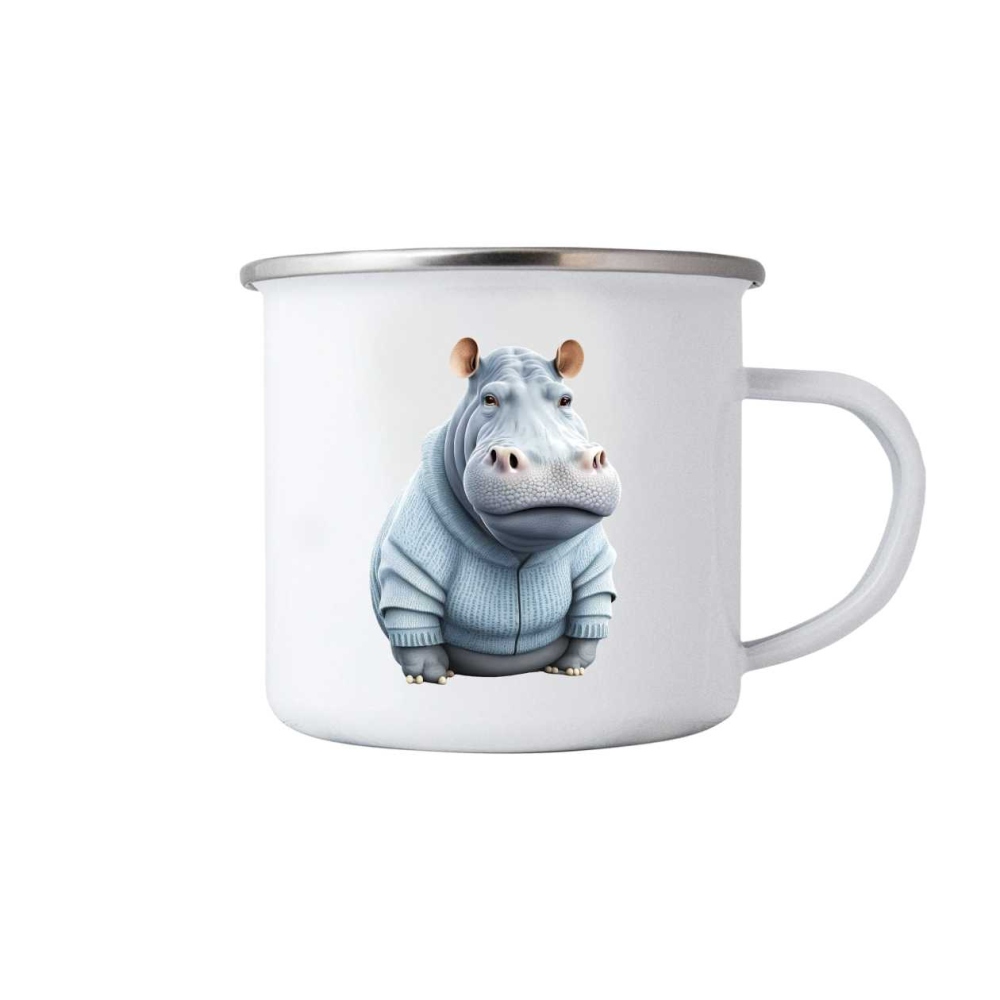 Biely plechový hrnček 380ml s obrázkom - hroch v mikine