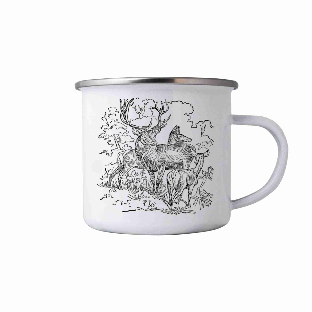 Biely plechový hrnček 380ml s obrázkom - jelenie rodina