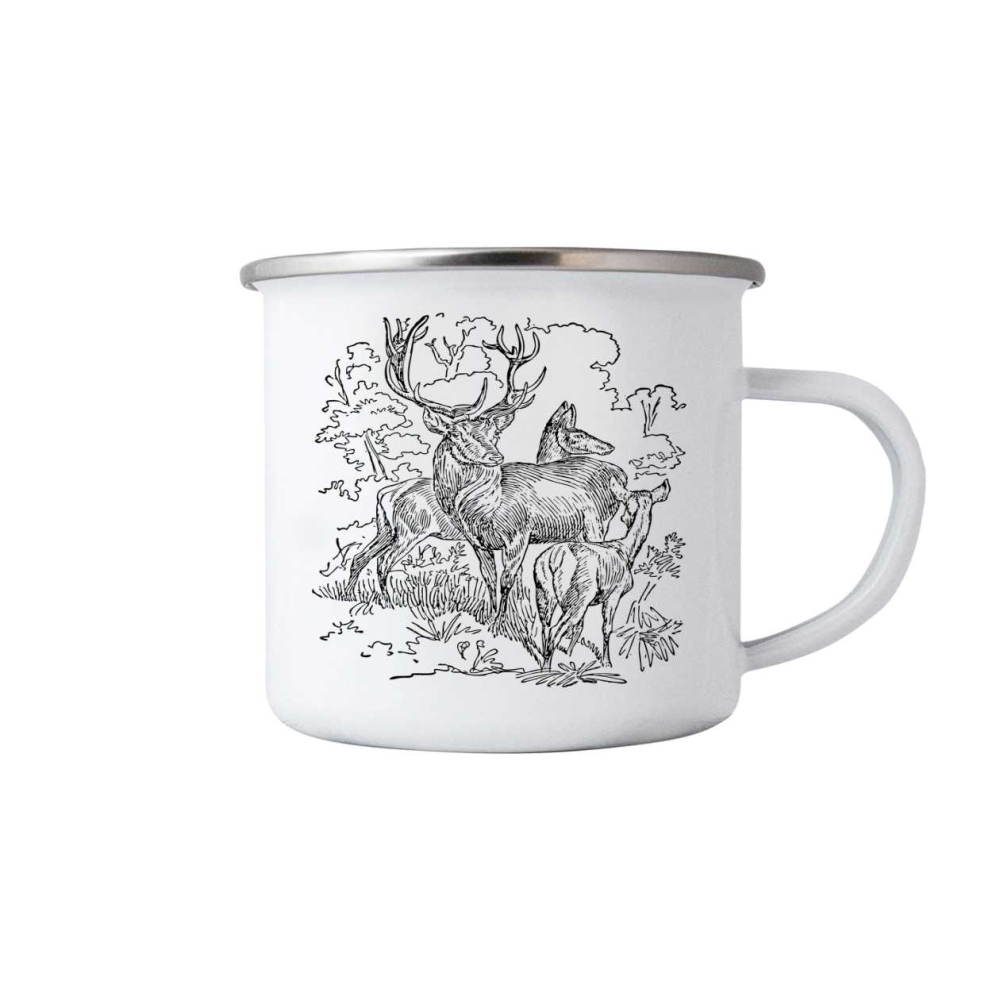 Biely plechový hrnček 380ml s obrázkom - jelenie rodina