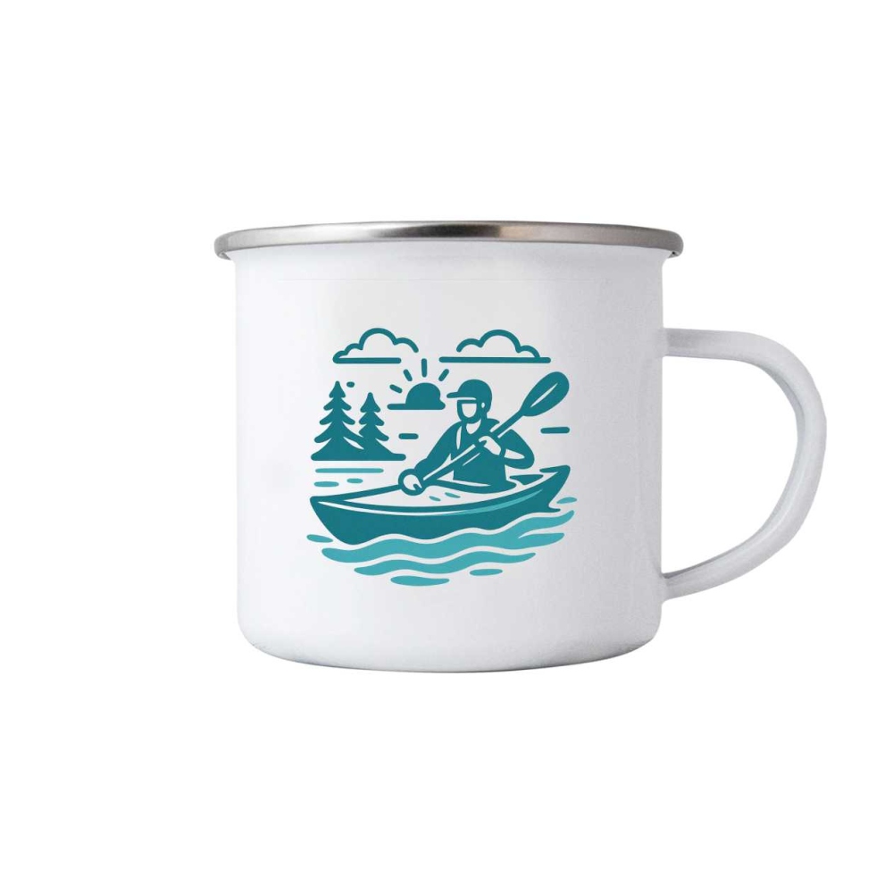 Biely plechový hrnček 380ml s obrázkom - kajak