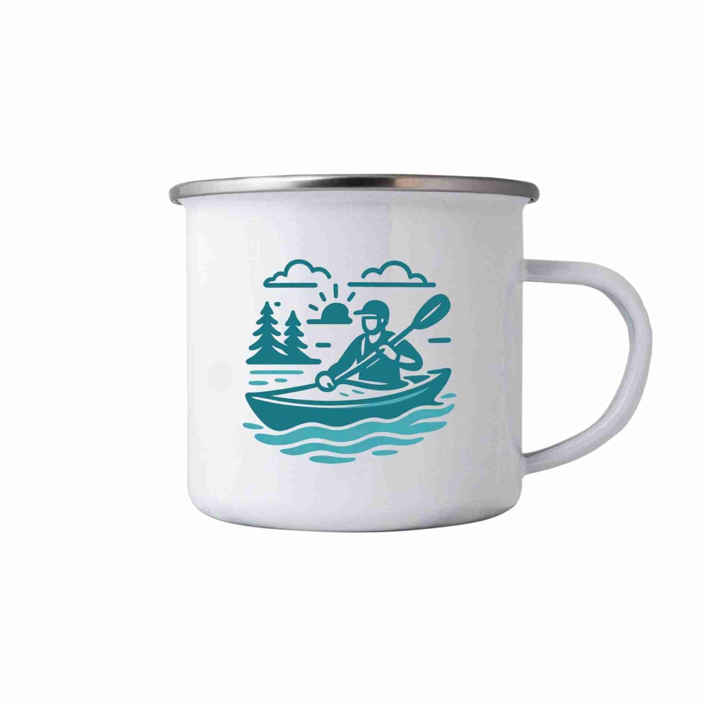Biely plechový hrnček 380ml s obrázkom - kajak