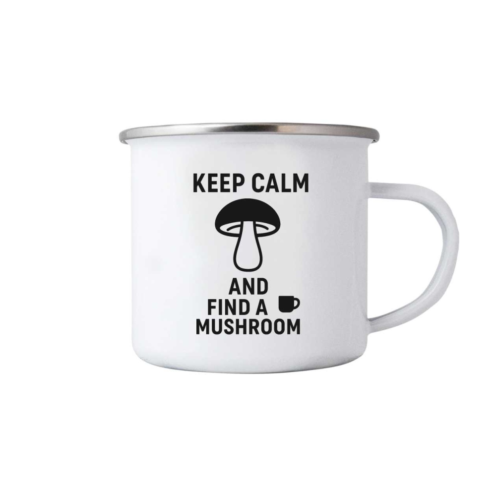 Biely plechový hrnček 380ml s obrázkom - keep calm mushroom