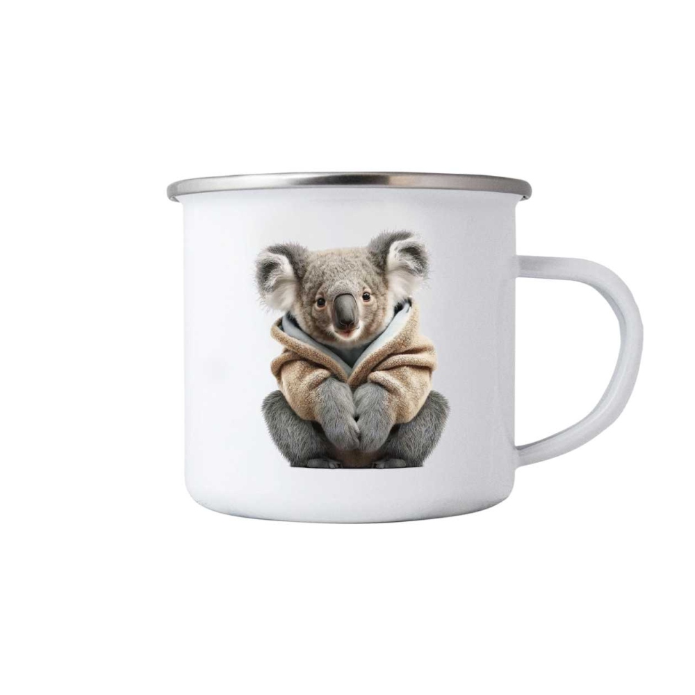 Biely plechový hrnček 380ml s obrázkom - koala v mikine