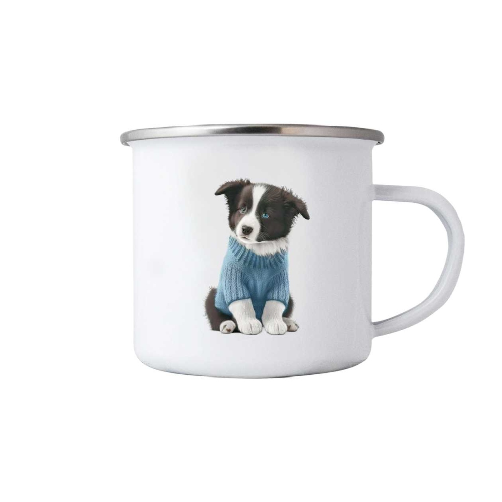 Biely plechový hrnček 380ml s obrázkom - kolie vo svetri