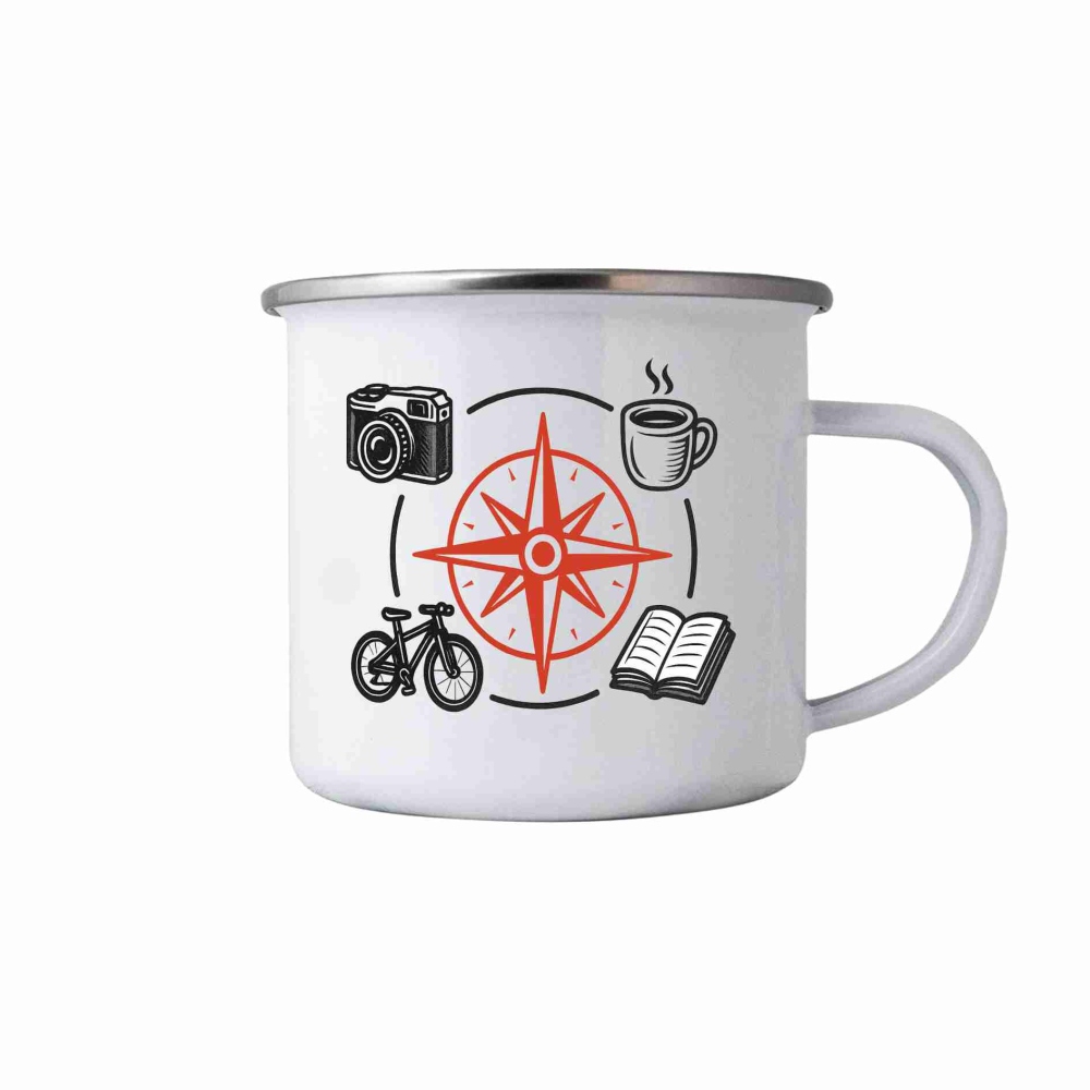 Biely plechový hrnček 380ml s obrázkom - kompas a koníčky