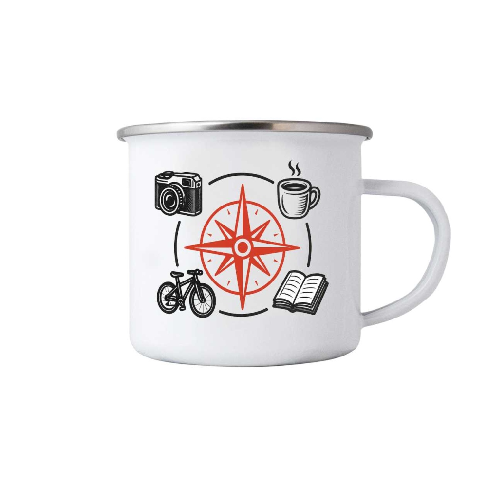 Biely plechový hrnček 380ml s obrázkom - kompas a koníčky